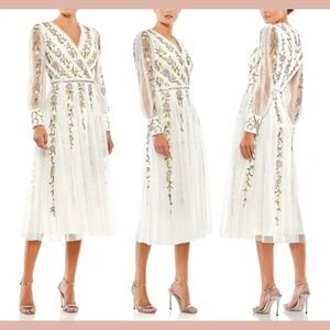 NWT Mac‎ Duggal [ 12 ] 9133 Long Sleeve Embroidered Wrap Midi Dress Ivory J1432